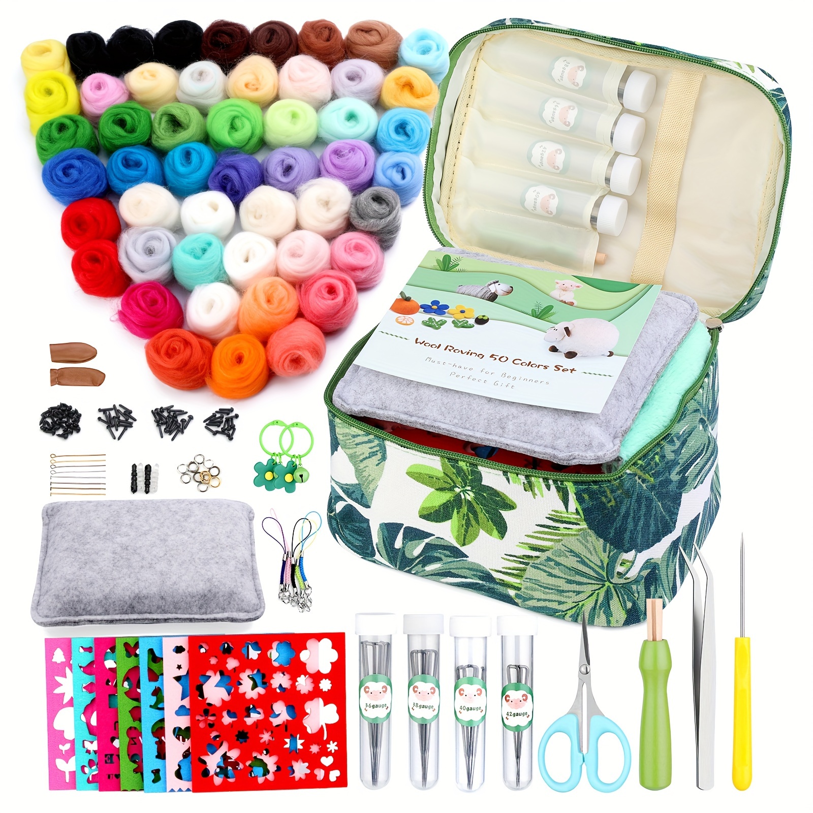 

50 Color Wool Roving Kit With Tropical Storage Bag - Includes Felt Tool Kit, Needles, And Accessories For Felt Animal Needling