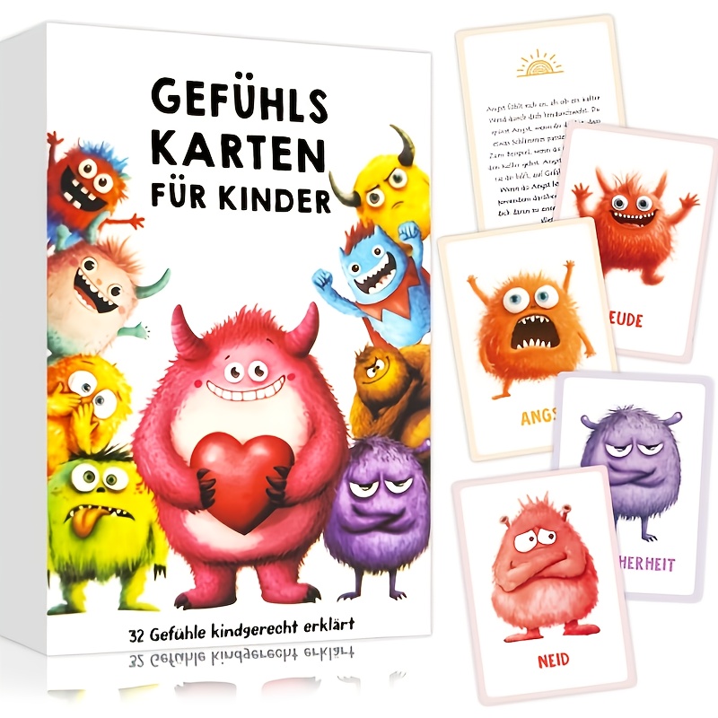   32 cards of feeling monsters with explanatory text designed to   social and emotional development suitable for emotion recognition exercises