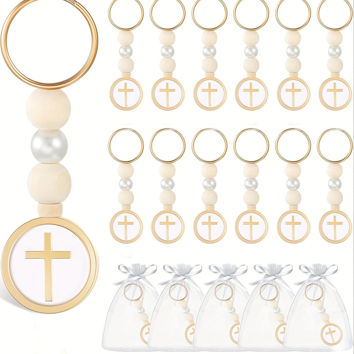 Image of Gift For Her/him 20pcs First Holy Communion Gift Set Includes 10 Pendant Rosary Keychains And 10 Baptism White Gauze Bags, Suitable For , First Holy Communion, Showers, And Bridal Showers