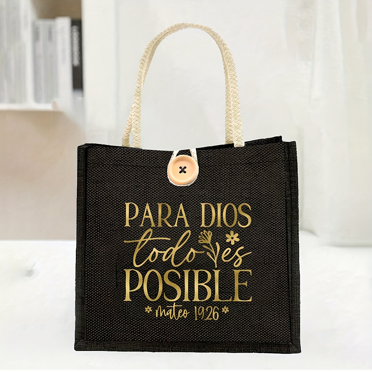 TEMU Sac à main pour femme sur le thème chrétien doré, de floraux et de lettres. Ce sac réutilisable est parfait pour les quotidiens, et le shopping,