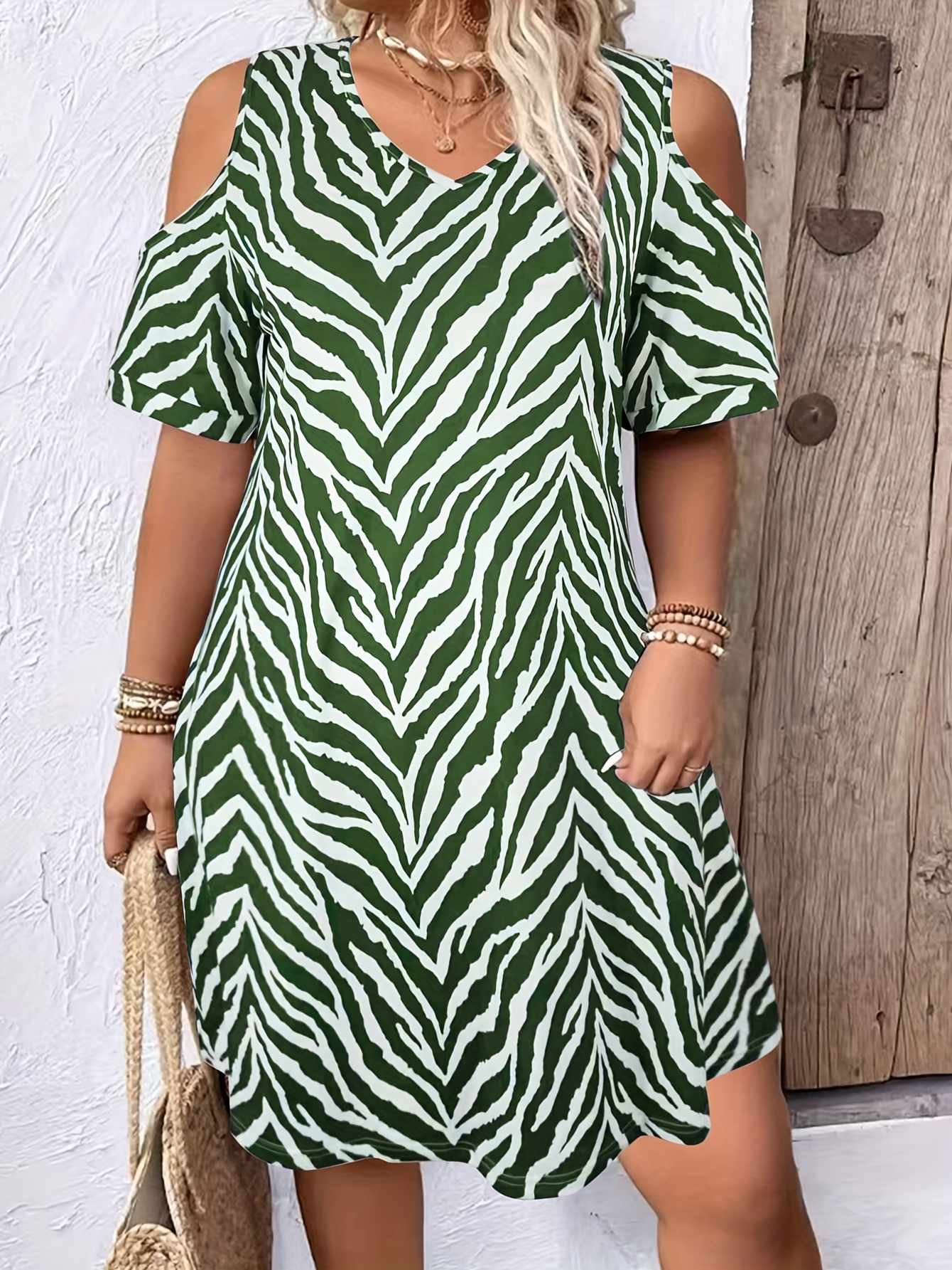 plus size spring summer v neck shoulder zebra print dress - Temu Mauritius