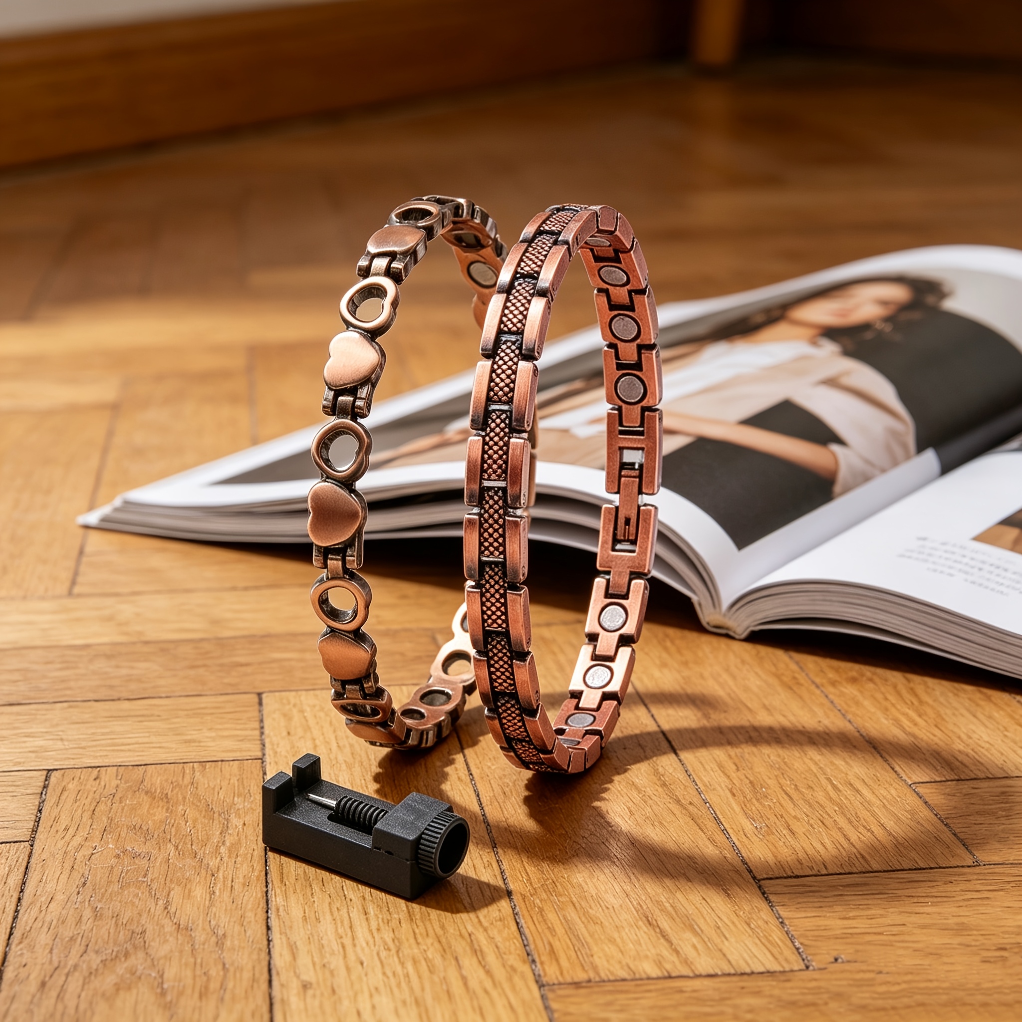 TEMU Lot de 2 bracelets de cheville magnétiques en cuivre pour femme, inclut un régleur de taille gratuit, accessoires superposables pour un usage ,