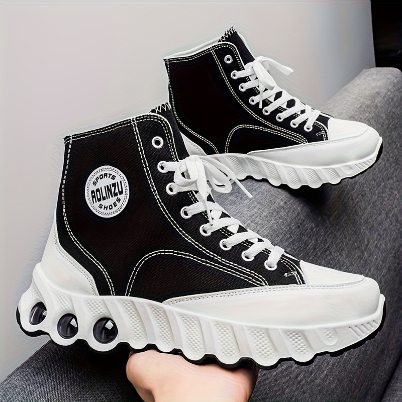 Explosive High Top Shoes for Spring and Summer 2025 | New Height Increasing Thick Soled with Wavy Sole, Classic Black Sports Canvas Shoes for Men | AOPLUS Brand, Mid Top, Fit