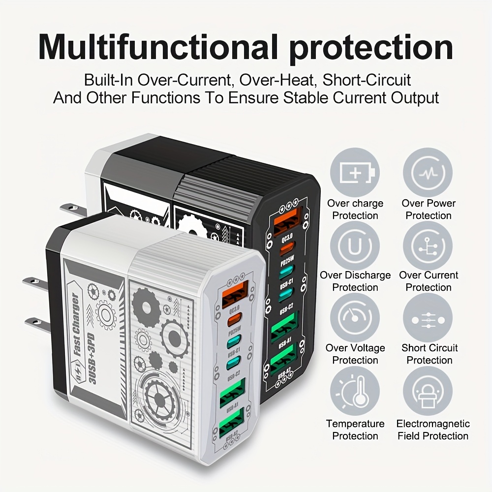 3USB + 3PD Total 40W Mobile Phone Fast Charging Adapter, US Plug 6 Ports Charger QC3.0 Fast Charging for iPhone for Samsung Travel Charger Wall Charger, Multidevice Charging, Spacesaving Charger, Compact Charger, Efficient Charging Technology, Sturdy