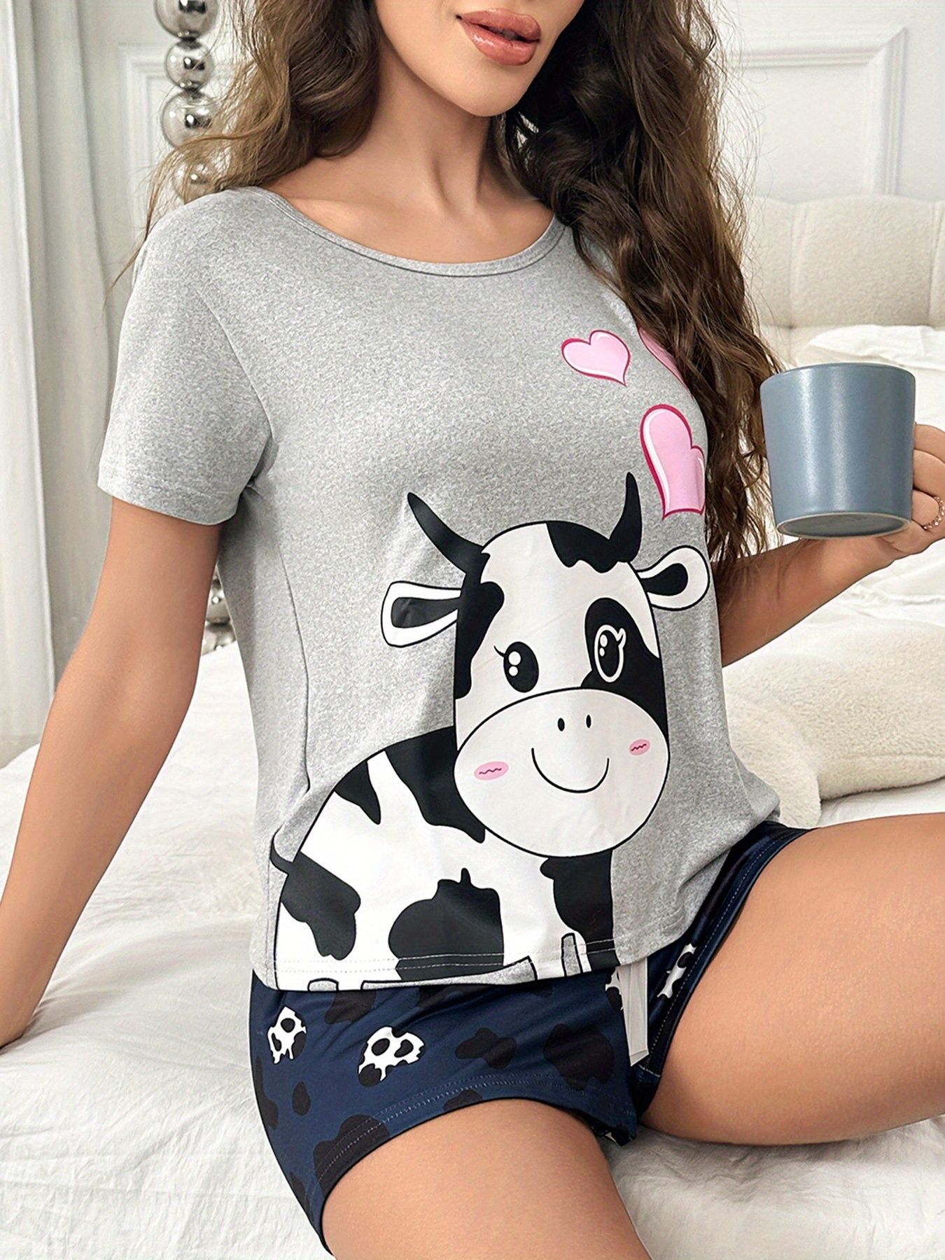 womens cute cartoon cow print pajama set short sleeve round neck top shorts comfortable relaxed fit Product details 0