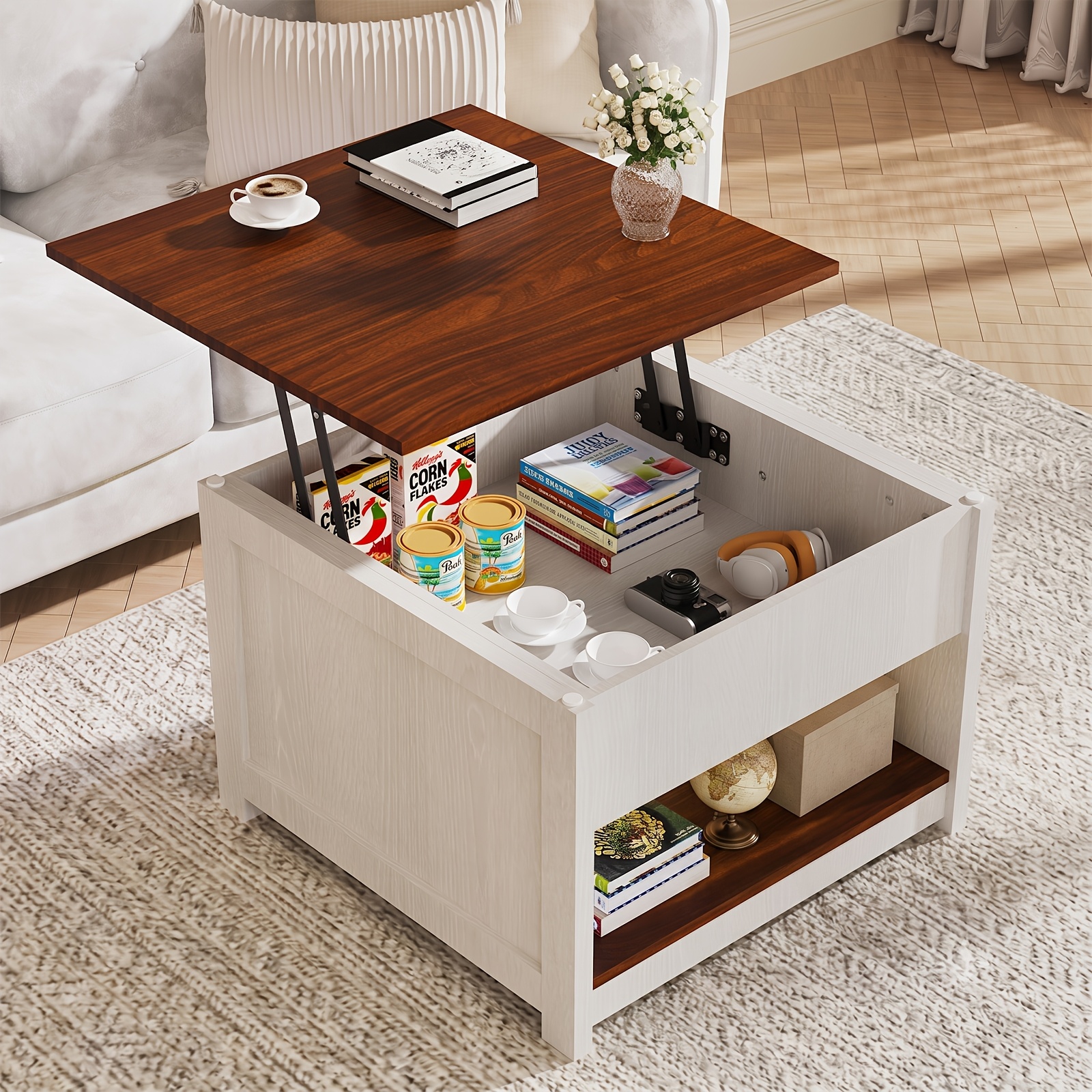 Image of Msutree Height-adjustable Coffee Table With Lift Function, Square Sofa Table With Lifting Top And Metal Frame, Modern Living Room Table For Sofa, Living Room, And Bedroom, 62 × 62 × 45cm