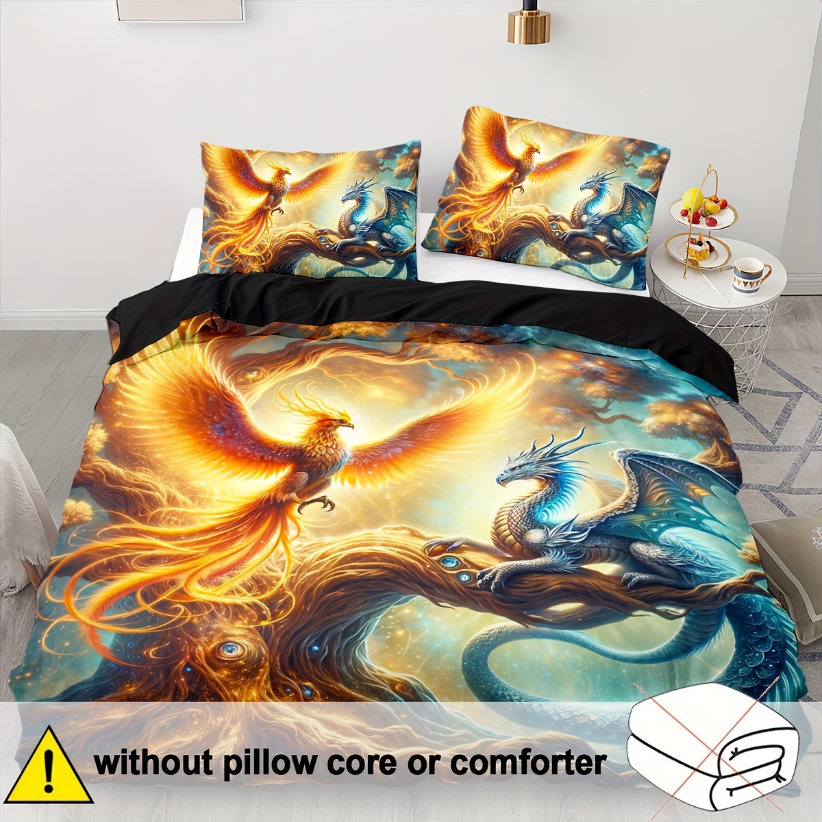 TEMU 2/3pcs Dragon And Phoenix Down Duvet Cover Twin Bed Set, Ancient Wild Animal Dragon Pattern Bedding, 2d Animal Printed Double Bedding, Western