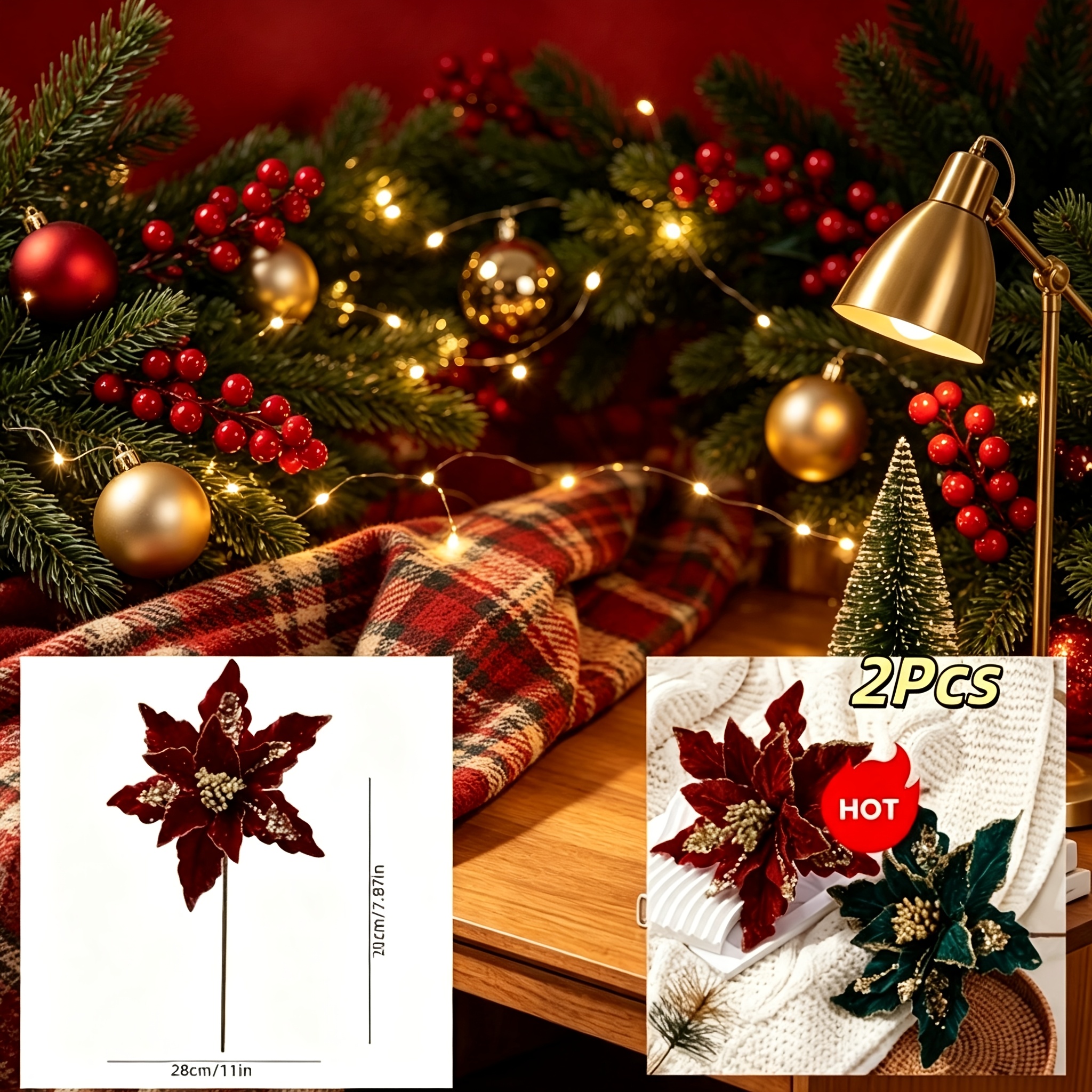 TEMU 2pcs Glittery Red Flower, 28cm/11in Large Artificial Christmas Flower, Christmas Tree Ornament, Wreath Decoration