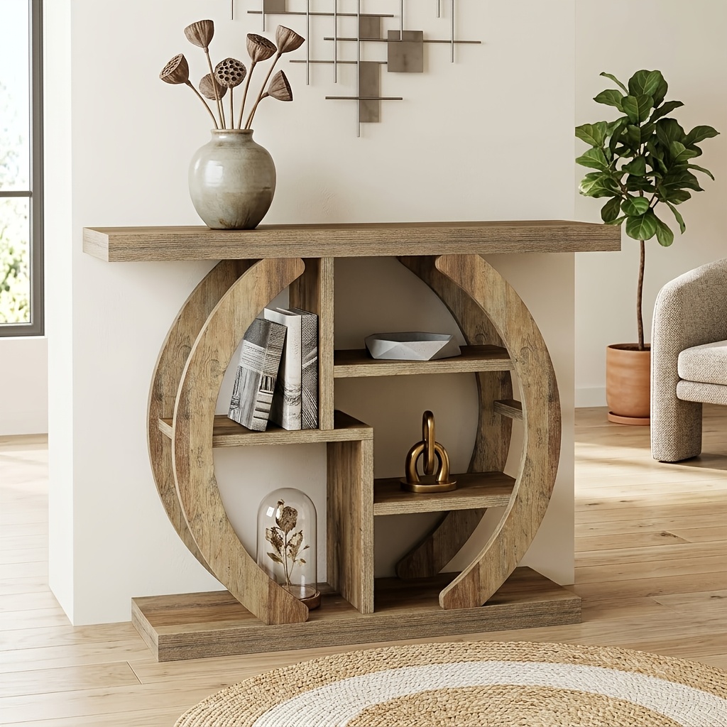 Image of Entrance Table, Sofa Decorative Table With Circular Base, Wooden Storage Table With 4 Shelves, Suitable For Living Rooms, Corridors, And Lobbies (light Oak Brown)