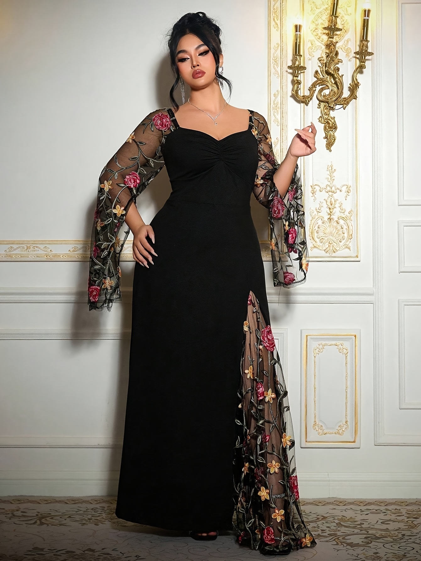 plus size elegant french style embroidered mesh bodycon - Temu Mauritius