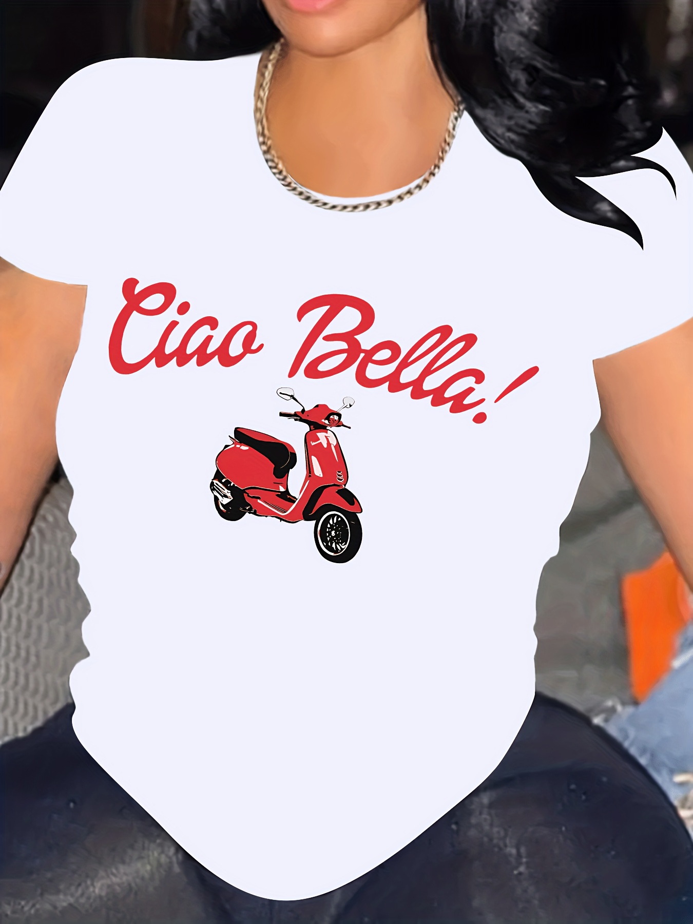 Women s Plus Size Casual Sporty T-Shirt, Ciao Bella! Red Scooter Print, Comfort Fit Short Sleeve Tee, Fashion Breathable Casual Top