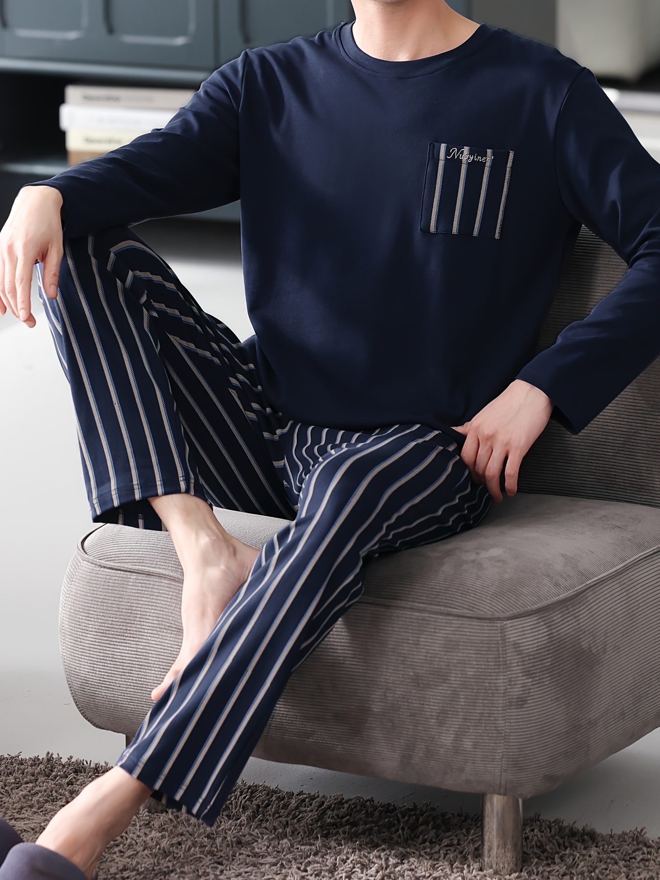 Men's Navy Blue Cotton Pajama Set - Long Sleeve, Crew Neck with Chest Pocket & Striped Elastic Waist Pants, Casual Comfortable Loungewear for Spring/Autumn, Plus Size Available, Plus Size Pajama Set