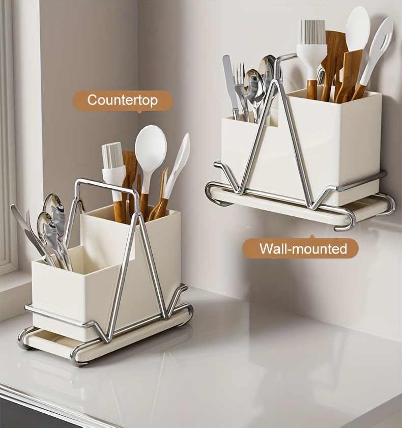 1pc cream white stainless steel utensil holder with   multifunctional kitchen countertop organizer for cooking utensils knives spoons and forks dining room accessory triangular design metal utensil holder kitchen utensils Product details 9