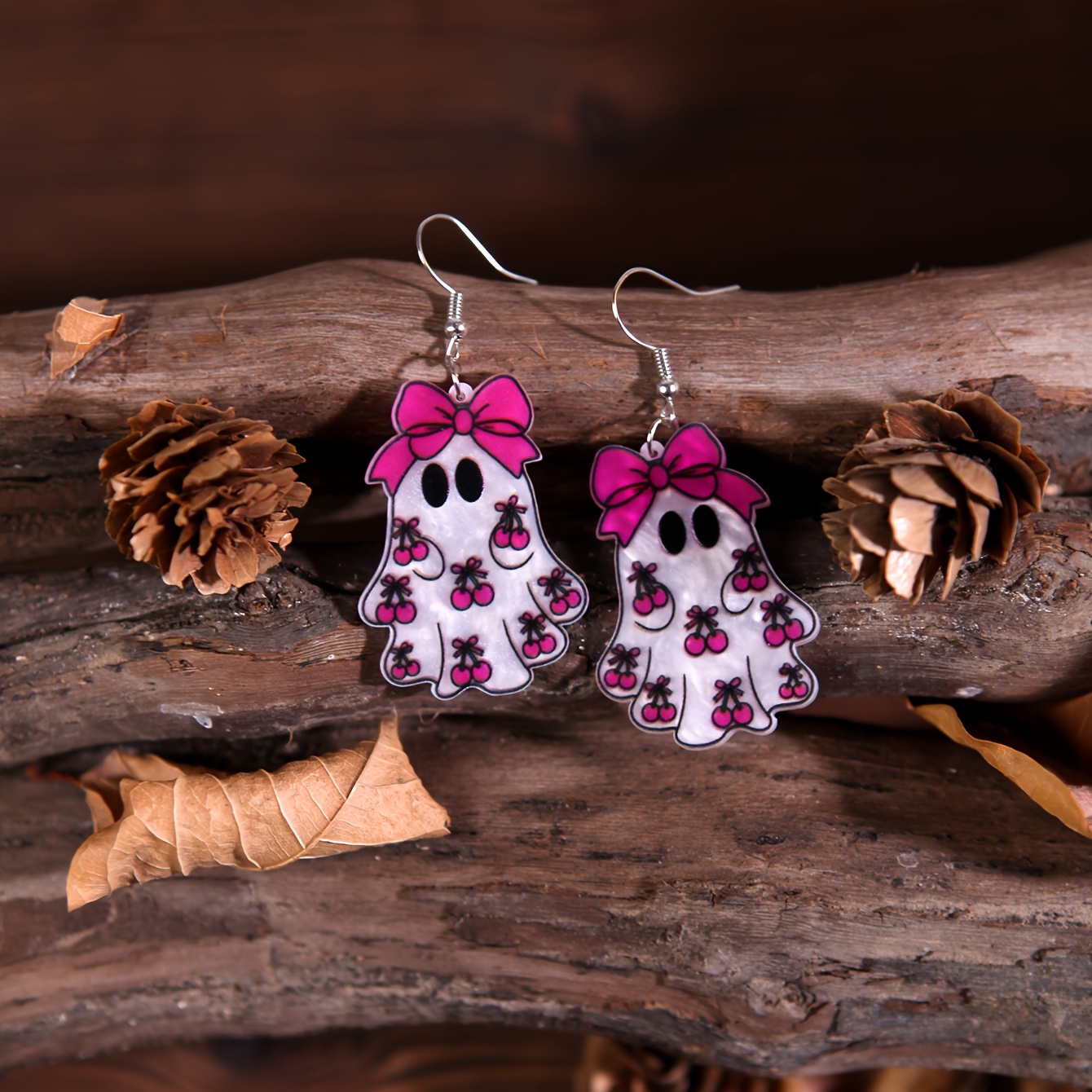 Handmade Glossy Resin Dangle Drop Earrings with Cherry Leopard Print