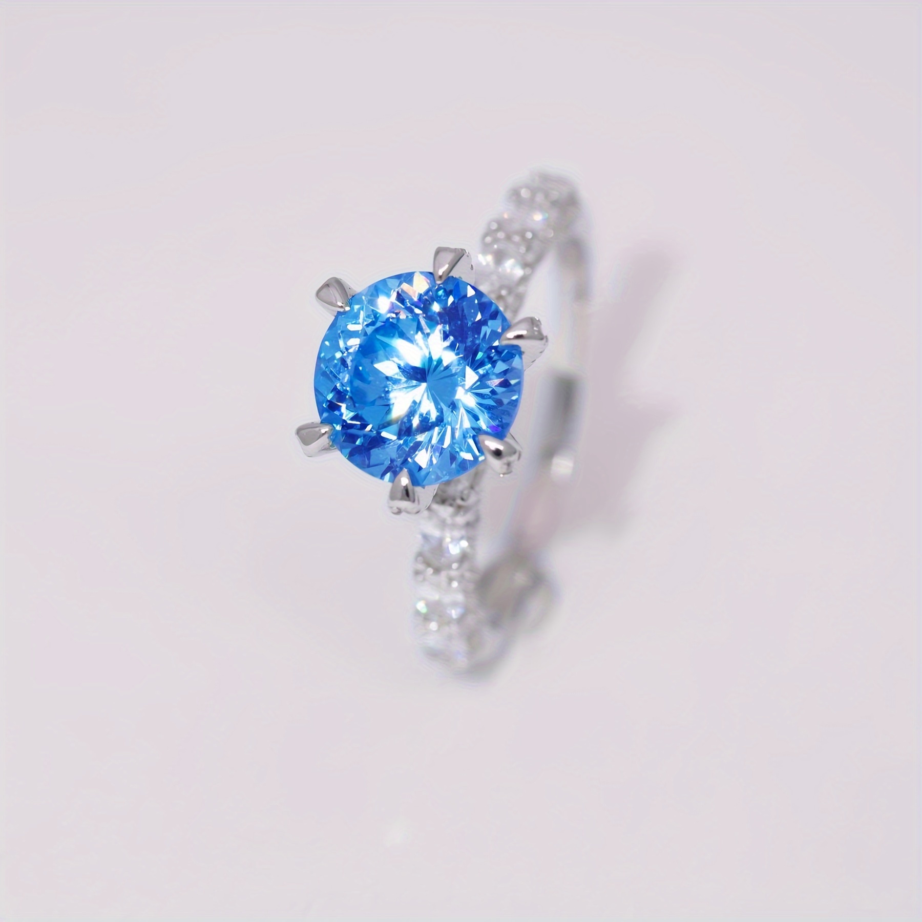 TEMU Shavano 1pc Blue Zirconia Ring, 925 Sterling Silvery, Rhodium Plated, 6 Claw Setting, College Theme, Artificial Gemstone, Elegant