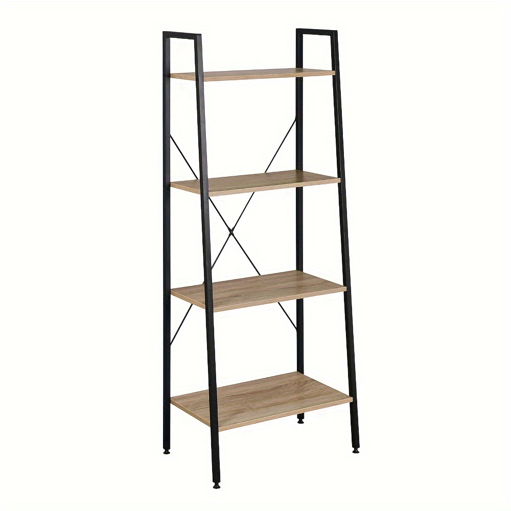 Image of 1pc Vertical Shelf, Ladder Shelf, Bookcase With 4 Shelves, Suitable For Living Room, Bedroom, High Shelf, Black + Light Oak, 60x35x148cm