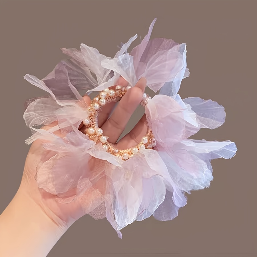 E-shop Neues 1-teiliges elegantes Damen-Haarband in hellrosa Champagnerfarbe mit hochelastischem Kopfband, Tüll, Blumenmuster, Pferdeschwanz-Haarband,