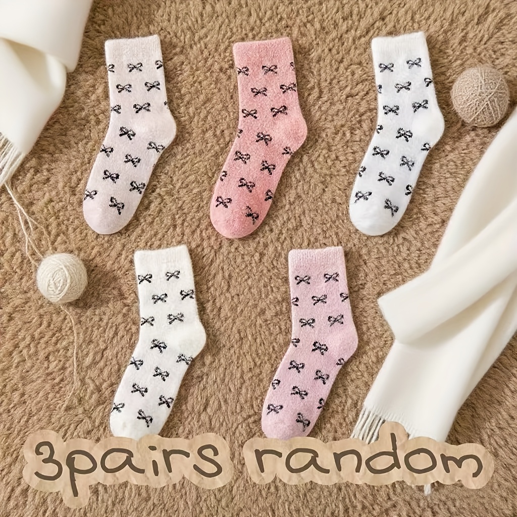 Image of 3 Pairs Random Autumn And Winter Thickened Women's Socks, Bow Plush Calf Socks, Suitable For Outdoor And Home Warm Socks
