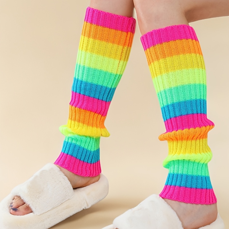 Image of 1 Pair Of Women's Fashionable Rainbow Sock Garters, Warm And Trendy Colored Leg Warmers