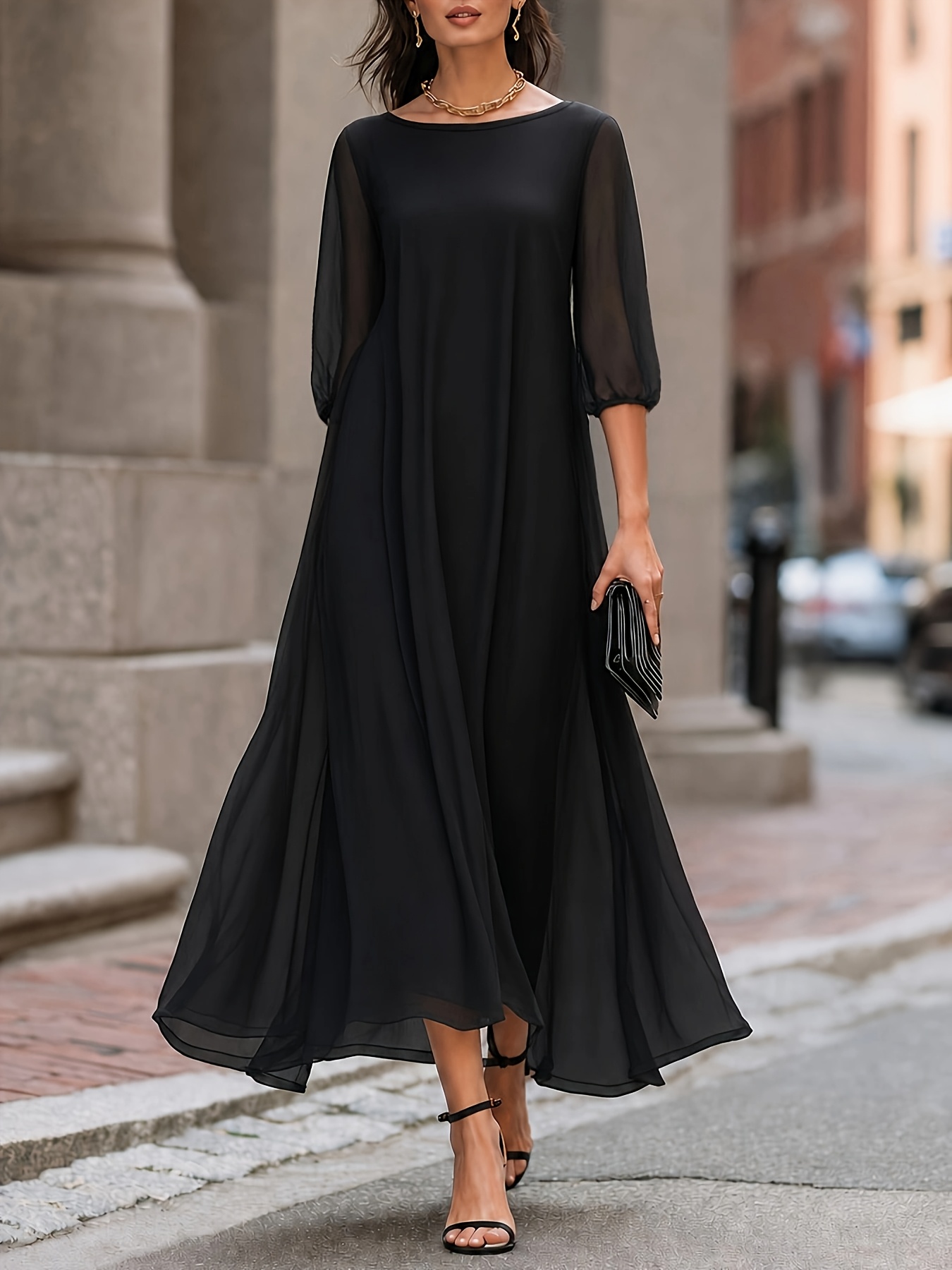 Obrázok položky dámske módne elegantné šaty s okrúhlym výstrihom, stredne dlhými rukávmi, áčkového strihu, voľný drapovaný boho štýl, lichotivá sukňa po zem s dĺžkou vhodná na svadby, bežné oslavy a plážové dovolenky.