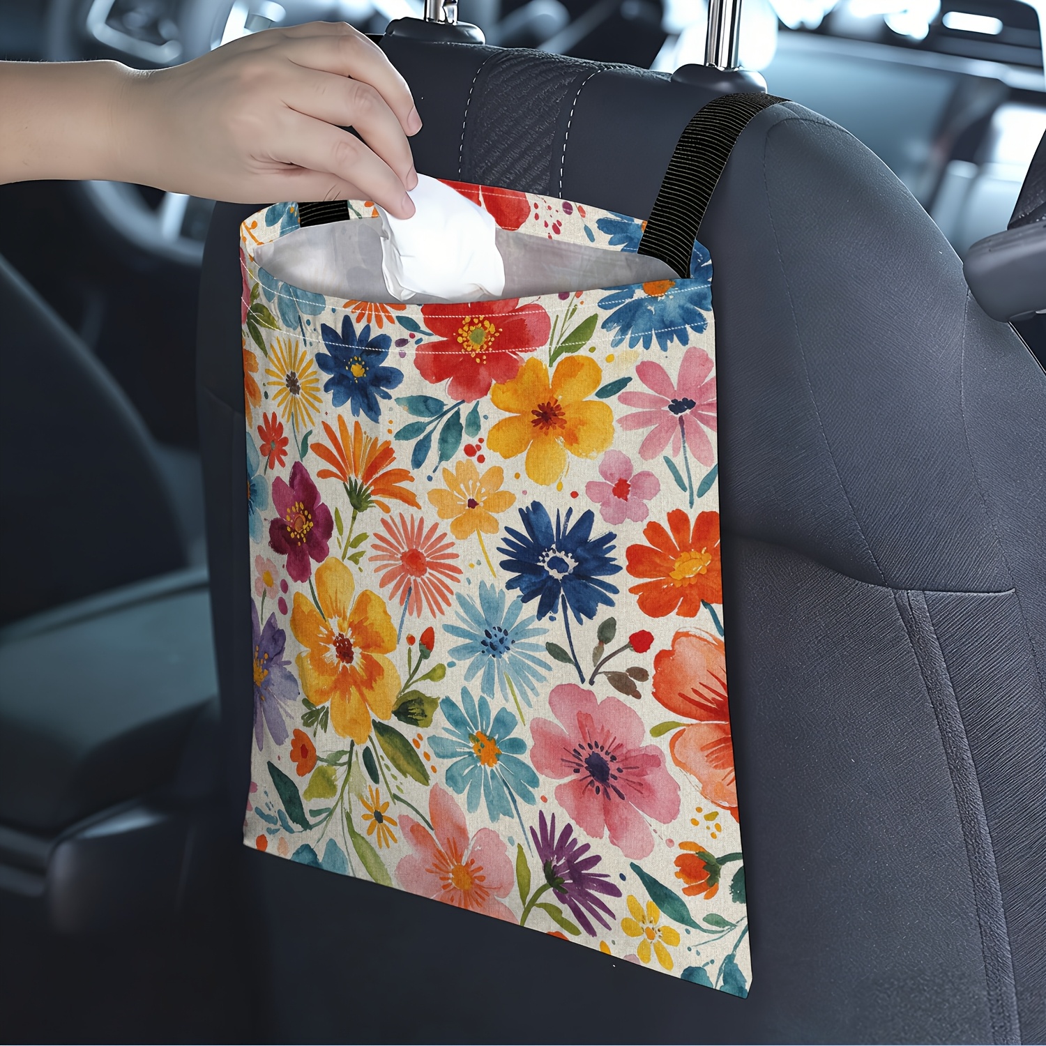 TEMU 1pc Watercolor Floral Pattern Colorful 2d Printed Car Trash Bag - Stylish Storage, Car Interior Tidy, Universal Hanging, Durable And Portable,