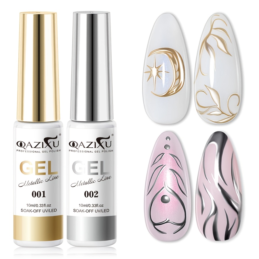 Image of Qazixu 10ml Metallic Color Painting Gel, Mirror Chrome 3d Effect Gel Nail Polish Golden/silvery Design Painting Gel Nail Art /led Light Therapy Convenient Suitable For Nail Art Design