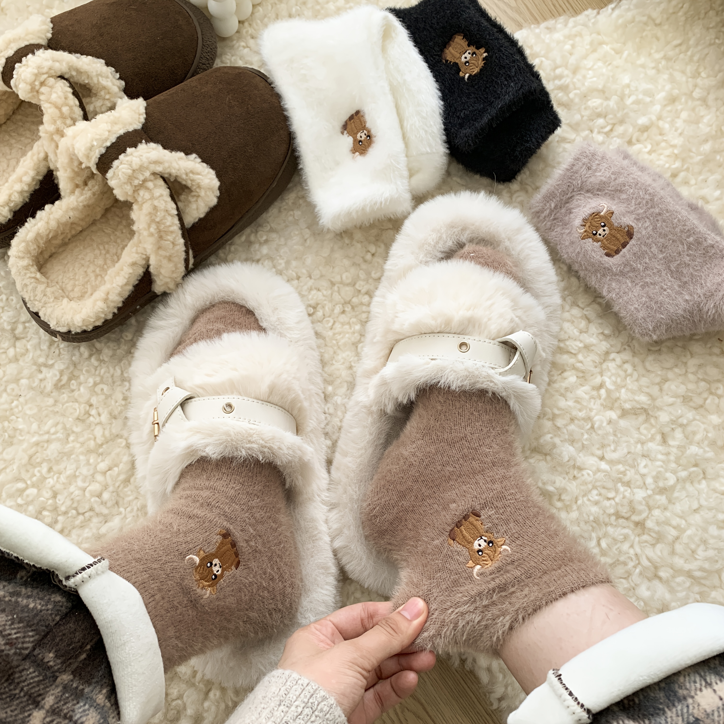 5 pairs womens cow embroidered plush socks winter thick warm soft floor socks with cute cartoon cow design   lounge socks for cold weather brown neutral tones hand   clean fluffy socks indoor       fabric construction  able loungewear stylish loungewear durable stitching     Product details 7