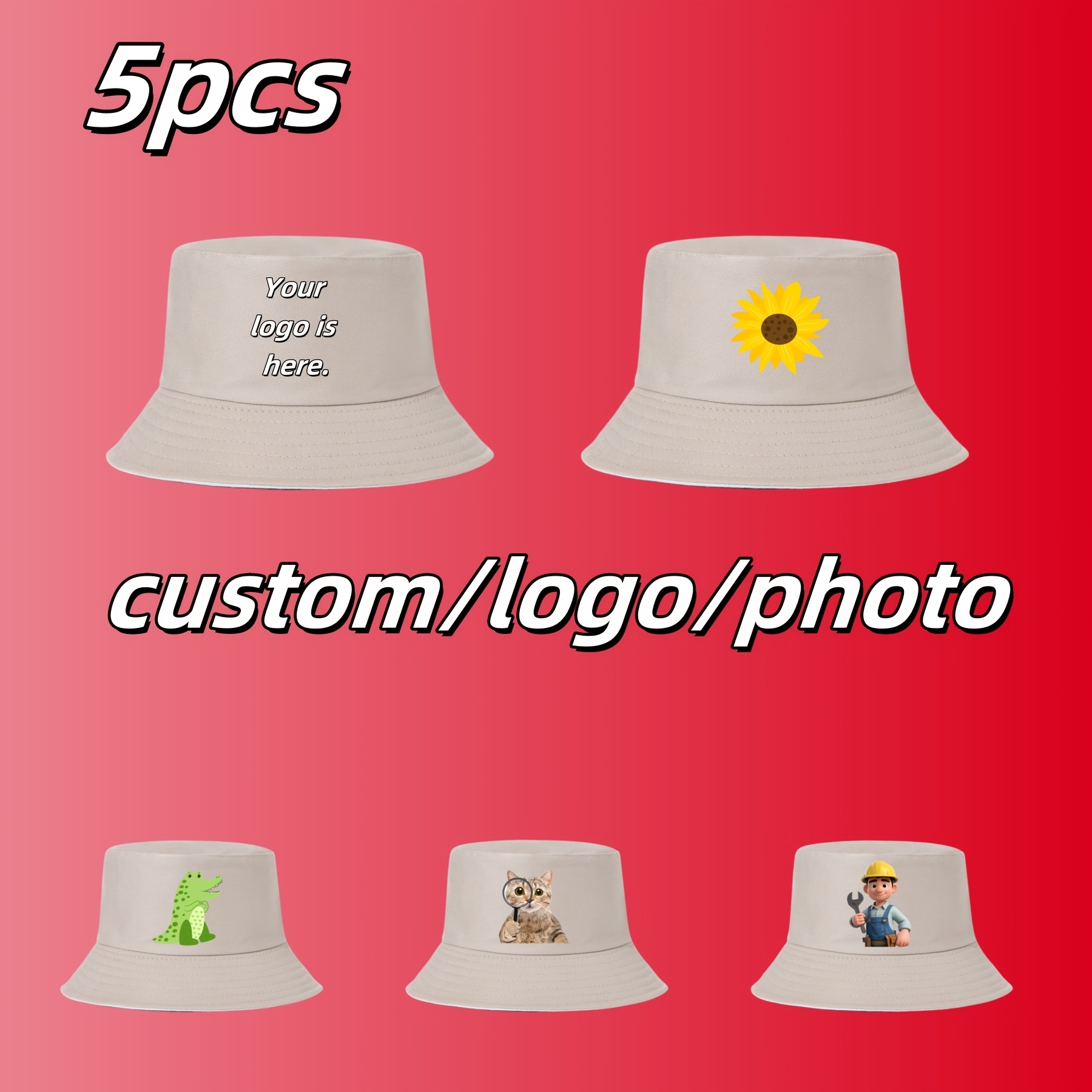 5pcs Custom Logo Double-Sided Bucket Hats