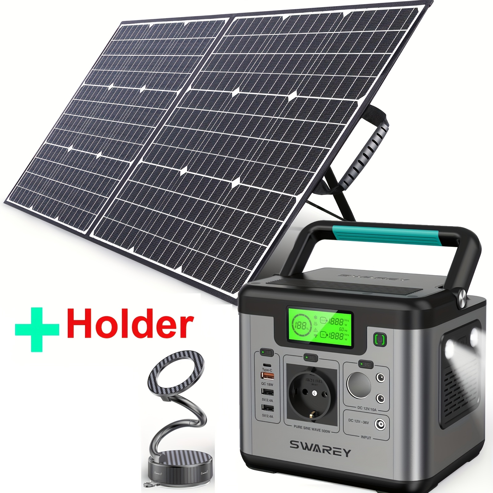 Image of Swarey Portable Power Station 518 Wh With Foldable Solar Panel | 500 W ( 1000 W) Lithium Battery Solar Generator With 230 V Ac, Usb-c Pd 65 W For Outdoor Camping Travel Fishing Motorhome