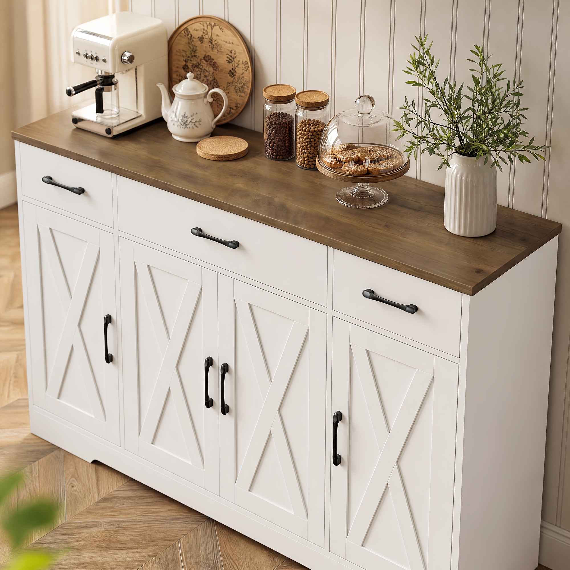 Fultru Large Sideboard Buffet Cabinet With Coffee Bar Table Top - Multifunctional Storage Furniture Suitable For Kitchen, Dining Room, Living Room, Adjustable Shelves & Drawers, Freestanding Cabinet