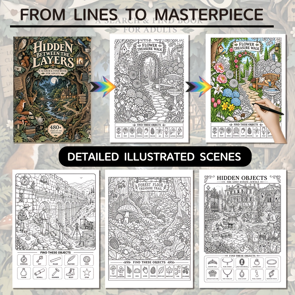 TEMU & Coloring Dual-use Doodle Book, 480+ Searches, Fairytale Illustrations, Modes: + Coloring, Screen-free Educational Relax, Enhances Observation