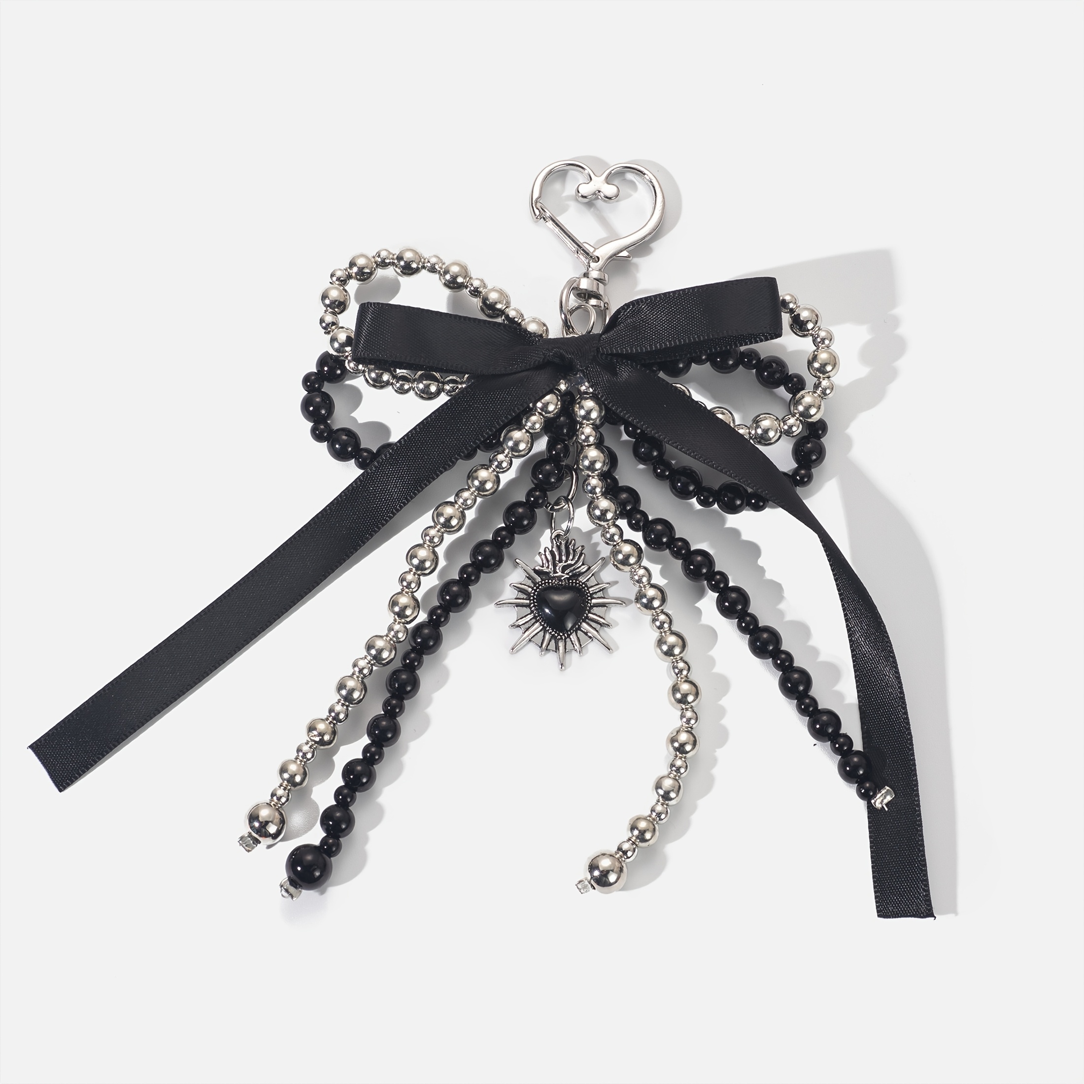 Image of 1pc Double Bowknot Bead Keychain, With A Heart Pendant And Ribbon Decoration, Suitable For Decorating Bags And Keys, Perfect As A Holiday Gift
