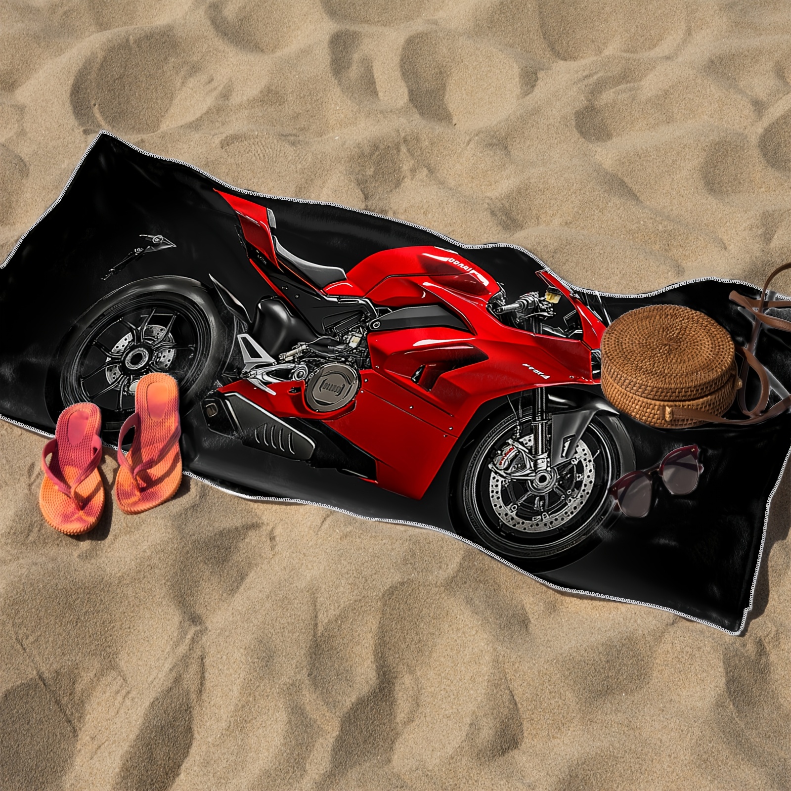 Microfiber Beach Towel Red Motorcycle Print Lightweight Absorbent_voghion.com