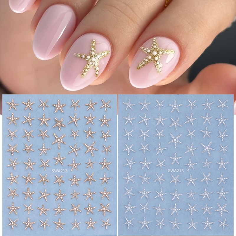 2pcs Summer Nail Stickers, Ocean Theme, Silvery And Golden Starfish Pattern Nail Decals, Nail Art Decorations And Nail Supplies