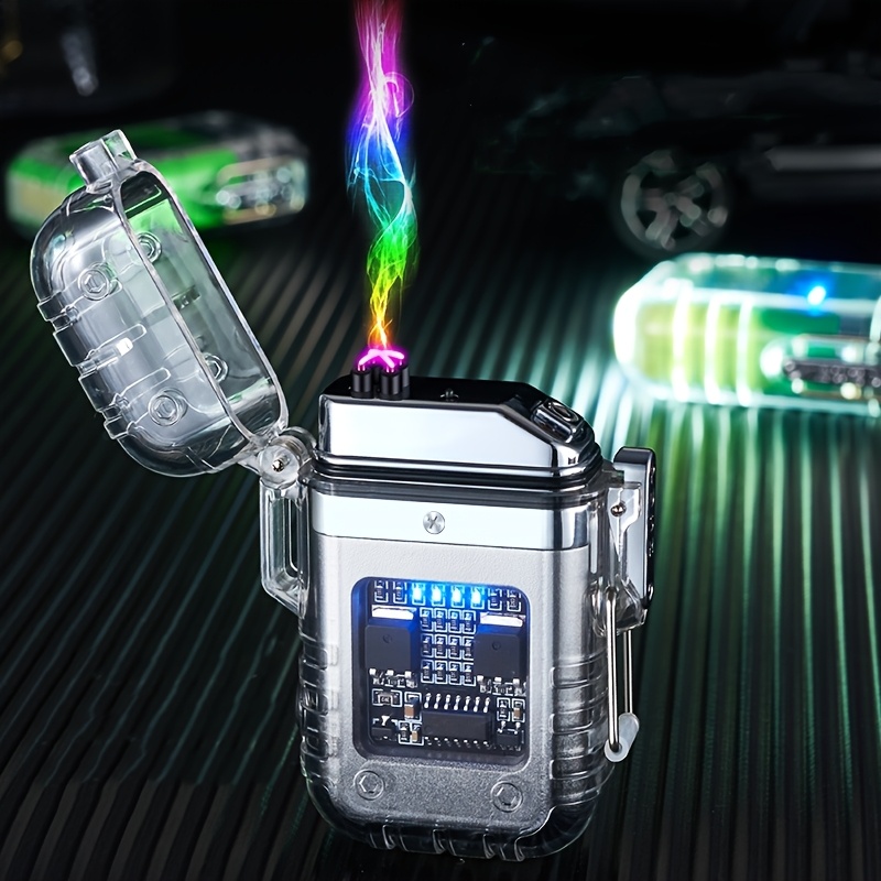 1pc USB Rechargeable Dual Arc Plasma Lighter with Flashlight - Portable Electronic Igniter for Outdoor Survival, Emergency & Exploration, Transparent Green & Yellow Design, Perfect Gift for Men and Women