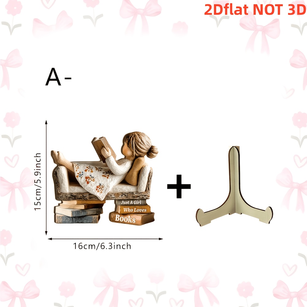 TEMU Figura Coleccionable 2D NO 3D, 1 pieza, Adorno de Madera de Niña que Lee, Placa "Solo una Niña que Ama los Libros" con Soporte para Estante de