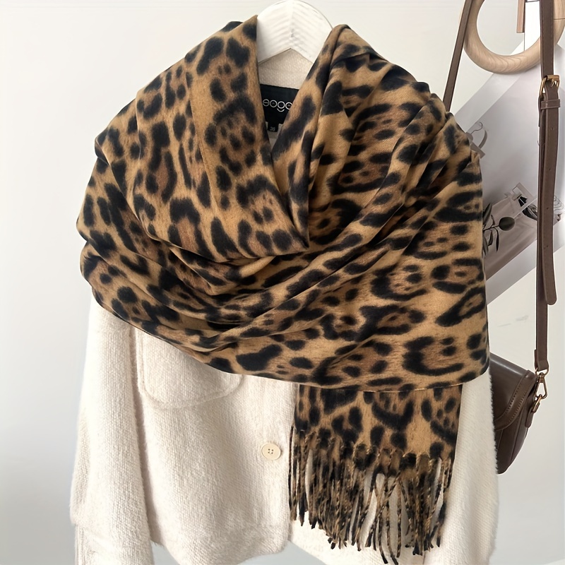 

Classic Leopard Print Scarf With Tassels - , Warm & Windproof For Fall/winter | Vintage Style Polyester Shawl For Women