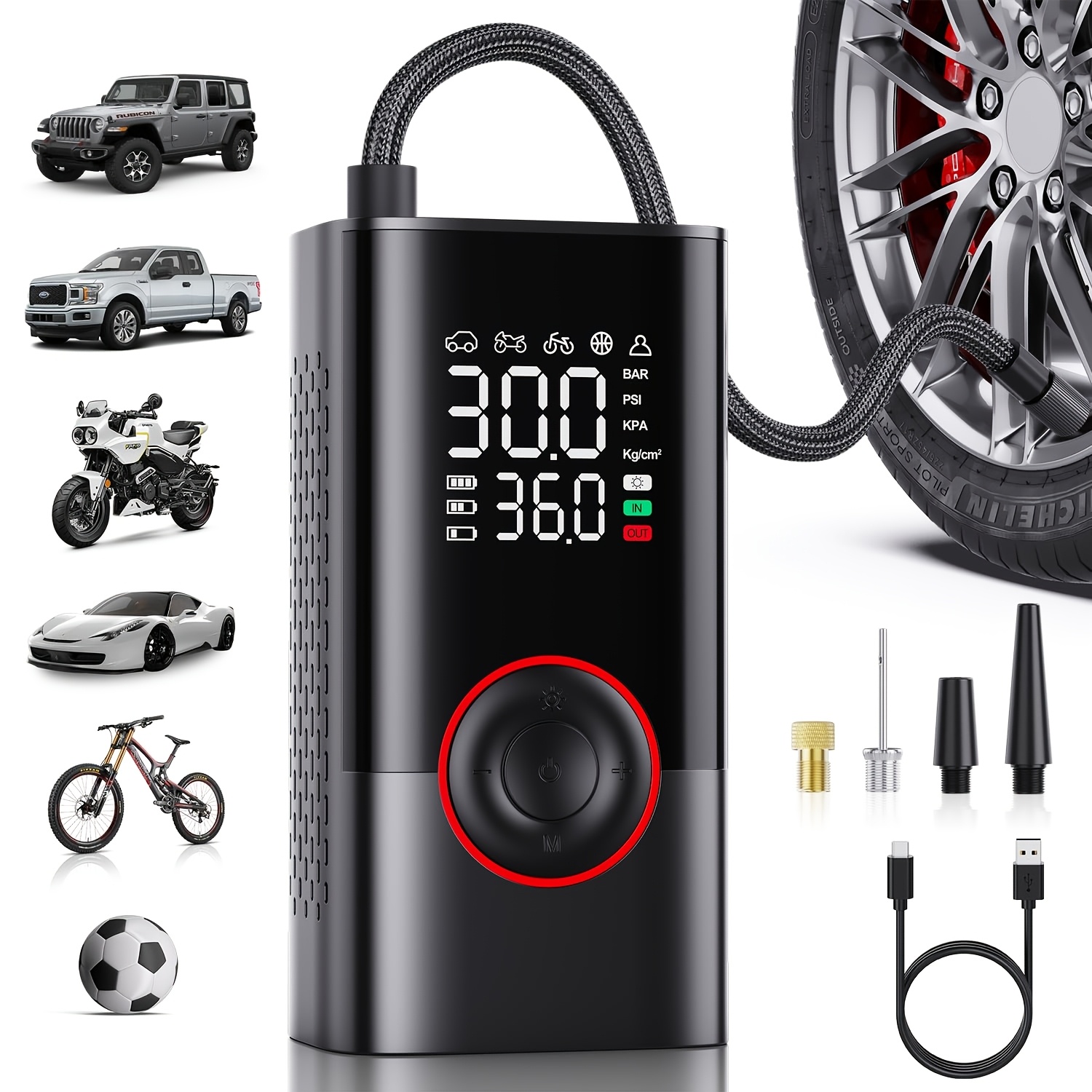 TEMU Portable Tire Inflator Air Compressor, Cordless Electric Bike Pump, 200psi, Portable Tire Inflator With Lcd Pressure Gauge And Led Light, Ideal