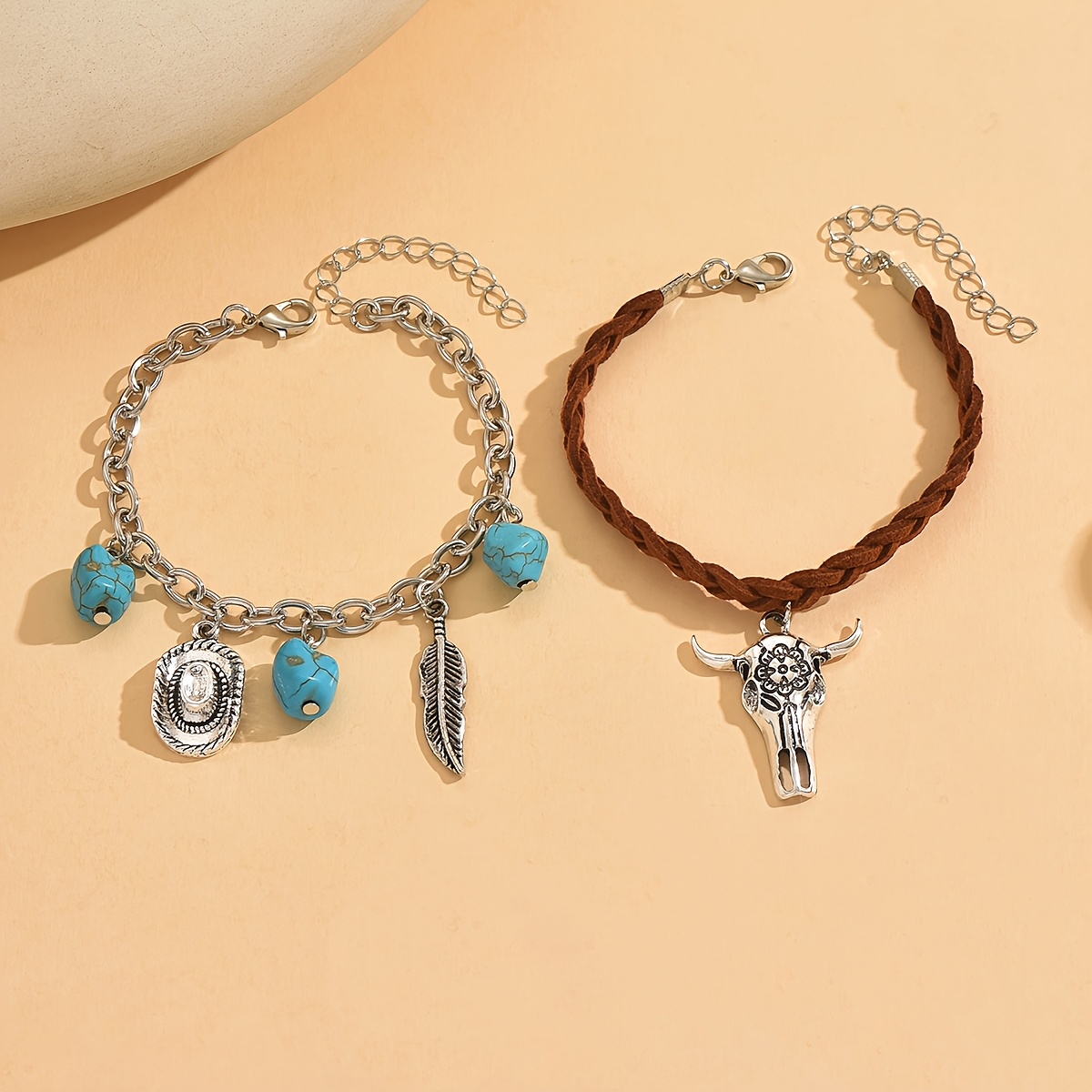 2pc Western Cowboy Bracelet & Bull Head Hat Jewelry Set