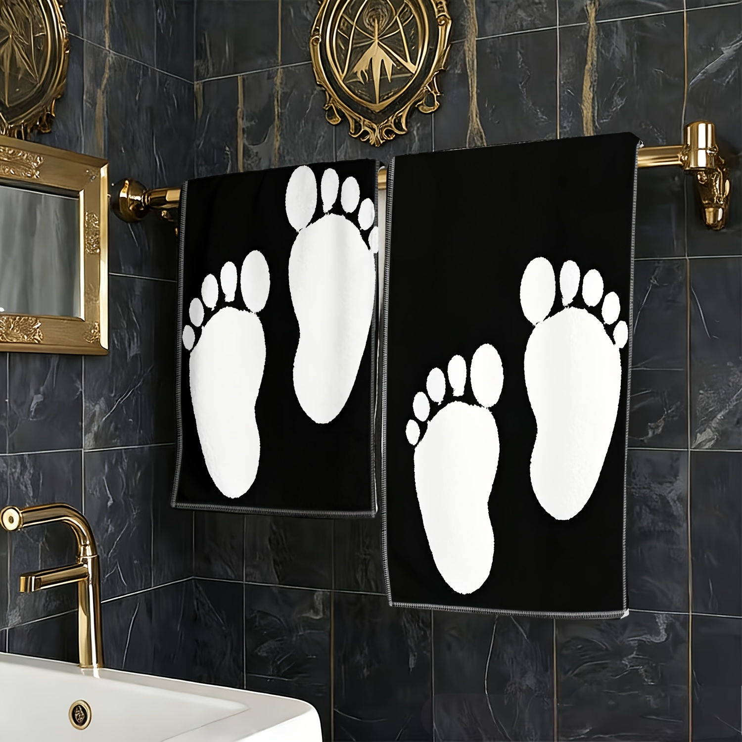 TEMU 1pc Black And White Footprint Silhouette Printed Towel, Easy To Wash And Dry, Home Decor, Showcasing Unique Personality, Suitable For Uses Such