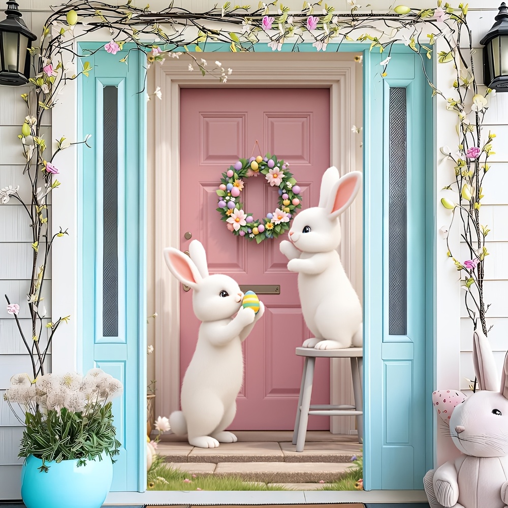 Oster-Türbanner Mit Hasen & Blumenkranz – 90x180 Cm, Polyester, Frühlingshafte Deko Für Haustür & Wand