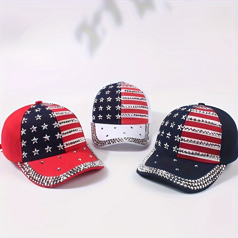 

Rhinestone Embellished Patriotic Baseball Cap, American Flag Star & Stripe, Adjustable Sun Protection Peaked Hats For Outdoor Summer