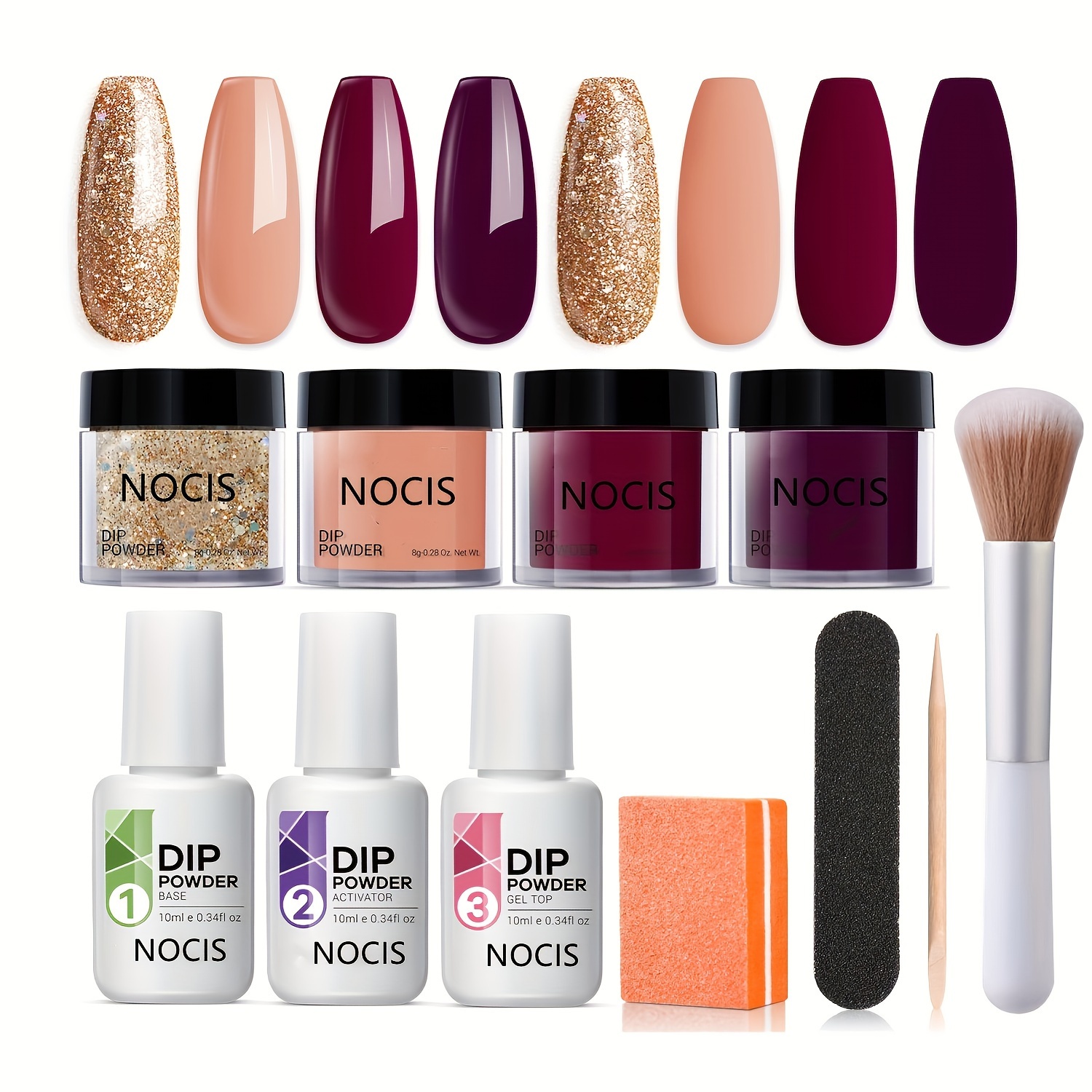 Dip Powder Nail Kit Starter 11 tlg. 4 Farben Dipping Powder mit Flussigkeitsset unparfumiert Nail Art System Kit mit Base Glitzer