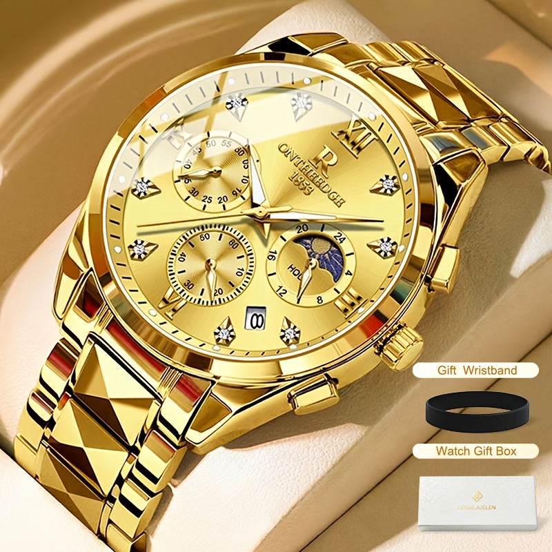 TEMU Men's/women's Luxury Golden Automatic Mechanical Watch - Golden Dial With Luminescent Hands And Phase Calendar, Wear In Formal And Casual