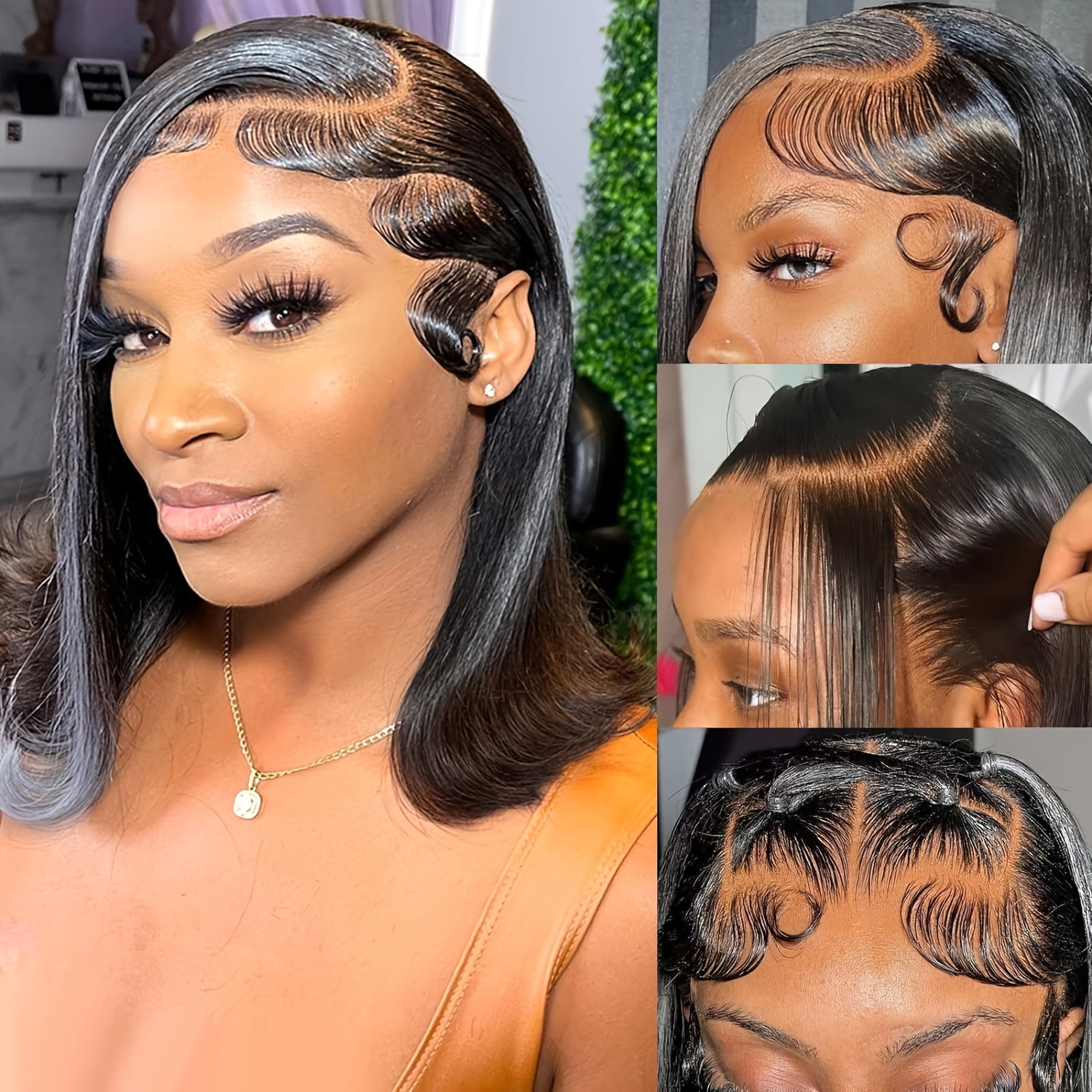 glueless 13x4 hd lace front bob wig human hair short straight with baby hair side part 180 density for hair wig details 1