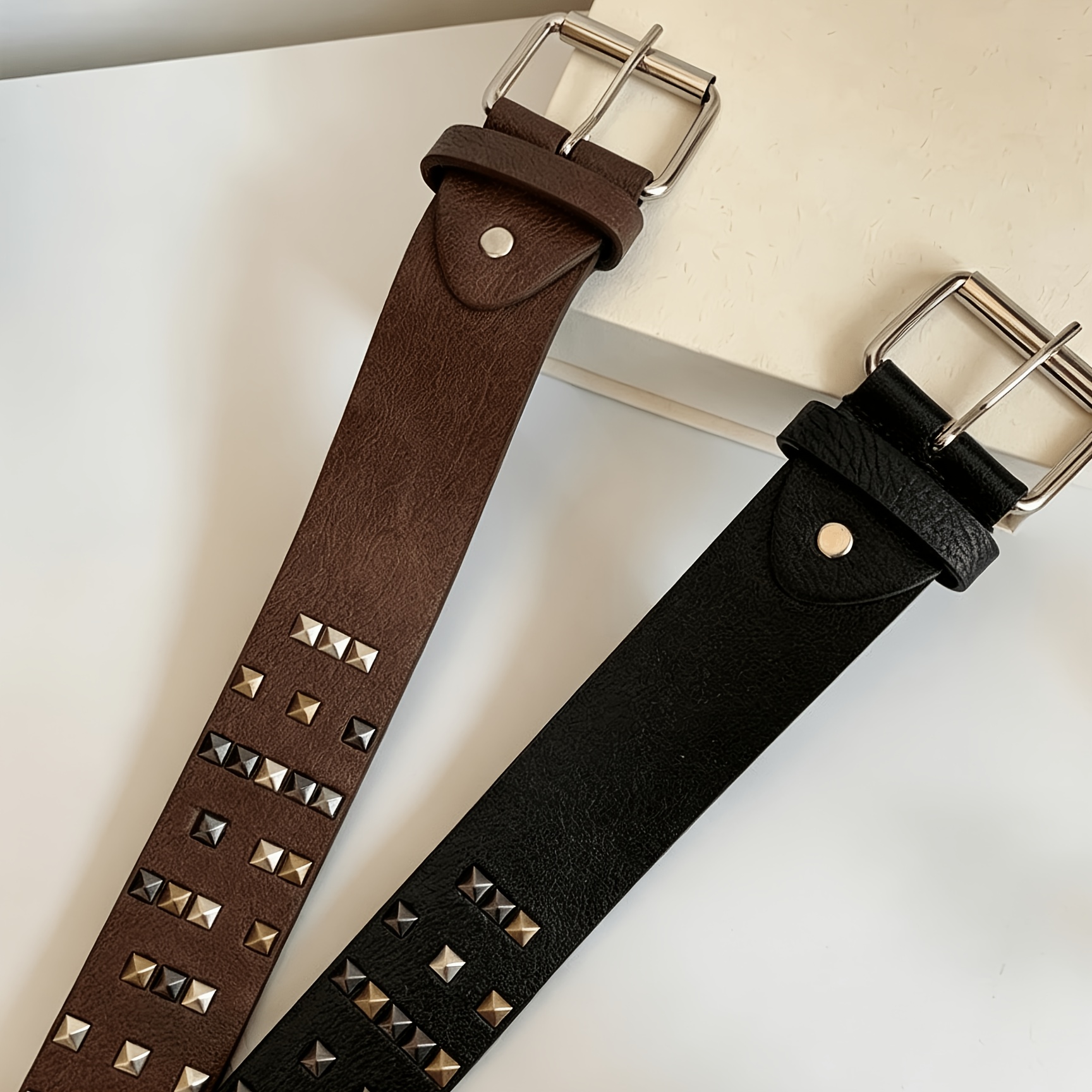 Unisex Distressed Brown Rivet Belt for Hip-Hop Style