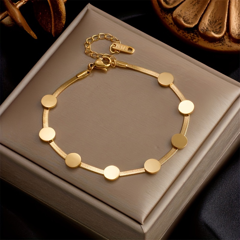 TEMU A Golden Stainless Steel Jewelry With A Gold-plated Round Coin Bracelet, Retro, Fashionable, High-end, Minimalist, Trendy, Versatile For Girls, Women, , Daily Gatherings, Festivals, Parties, Etc