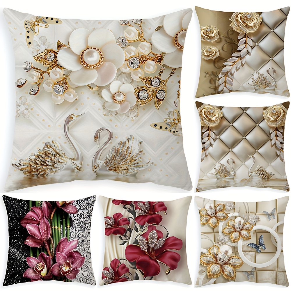 

Luxurious 18x18 Inch Floral & Plaid Throw Pillow Cover - Soft Short Plush, Zip Closure, Hand Washable - Perfect For Couch, Sofa, Living Room, Bedroom Decor - Rose, Lily, Swan Design