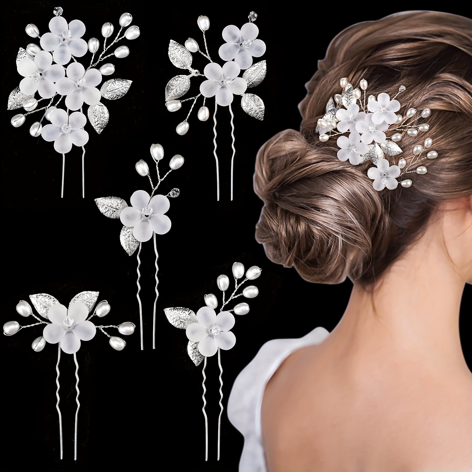 

5pcs Romantic U-shaped Hairpins Flower Shaped Hairpins Exquisite Beads Hairpins Women Daily Uses Hair Styling Accessories