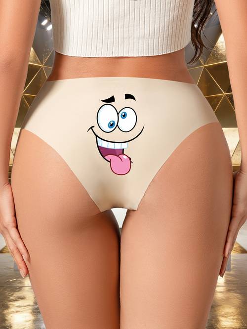 womens apricot colored seamless briefs with back print smiling tongue out funny eye pattern stretchy breathable and comfortable womens underwear